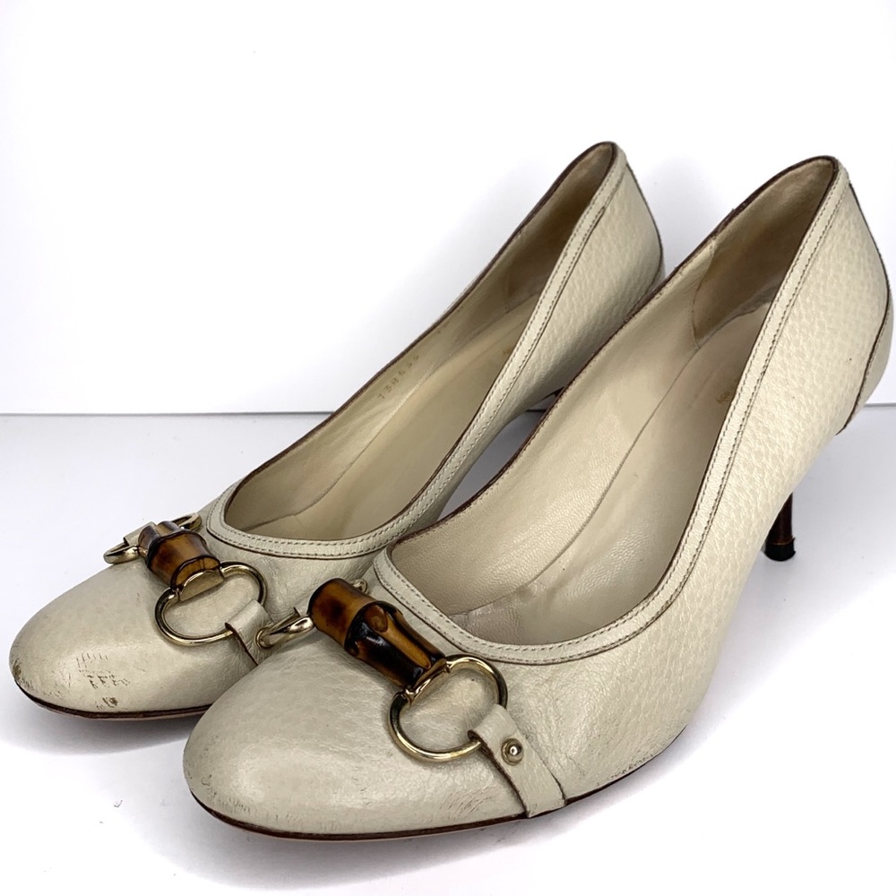GUCCI Vintage Cream Horsebit Bamboo Leather Heels